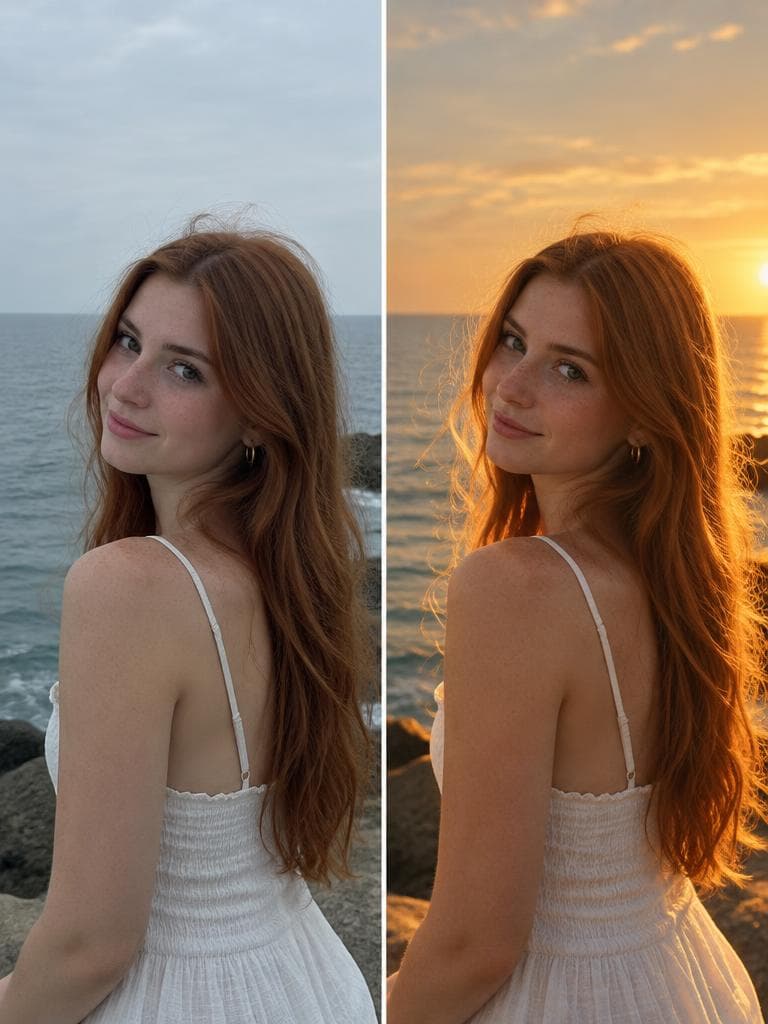 A plain photo and the same photo in golden hour light